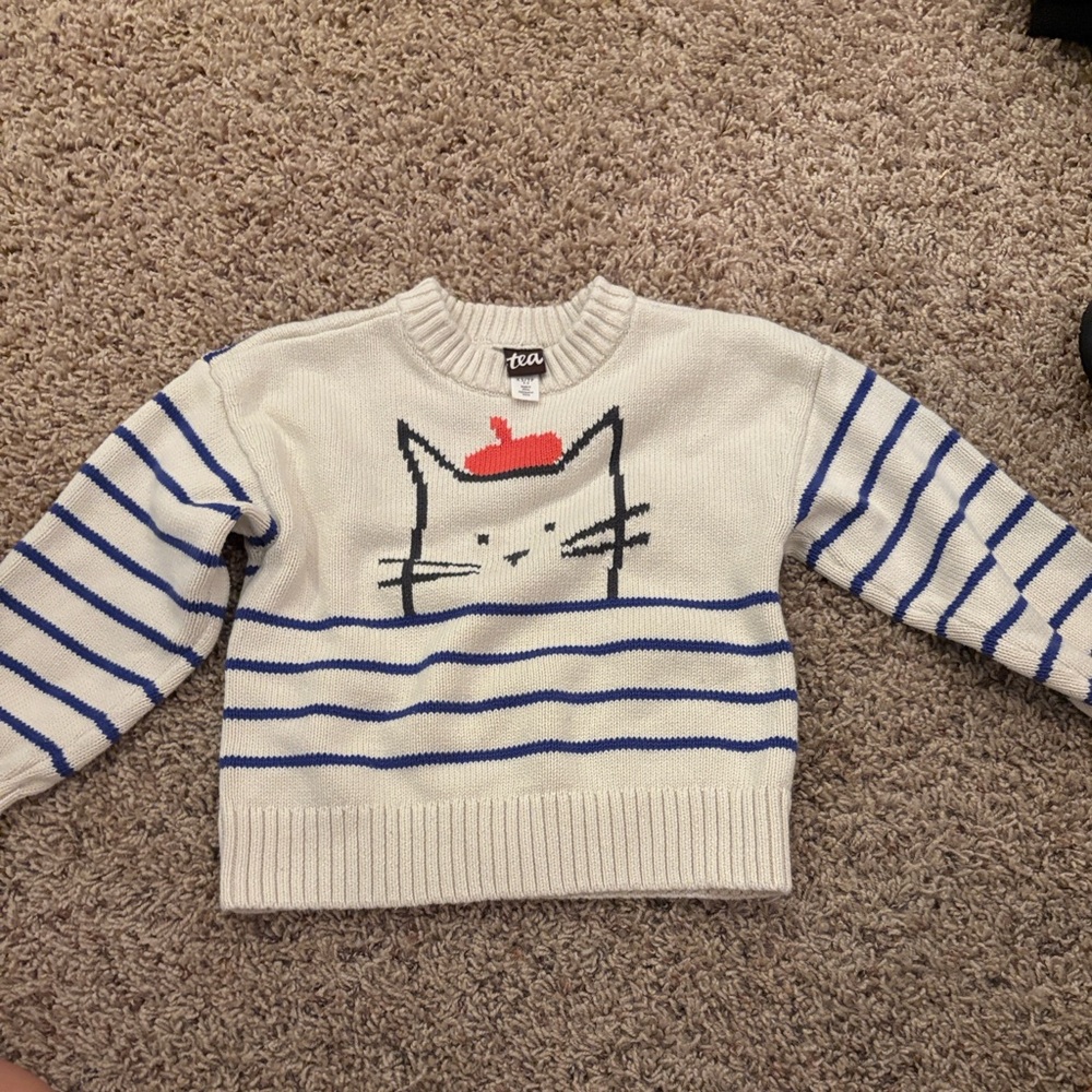 Tea Collection Cream and Blue Cat Sweater